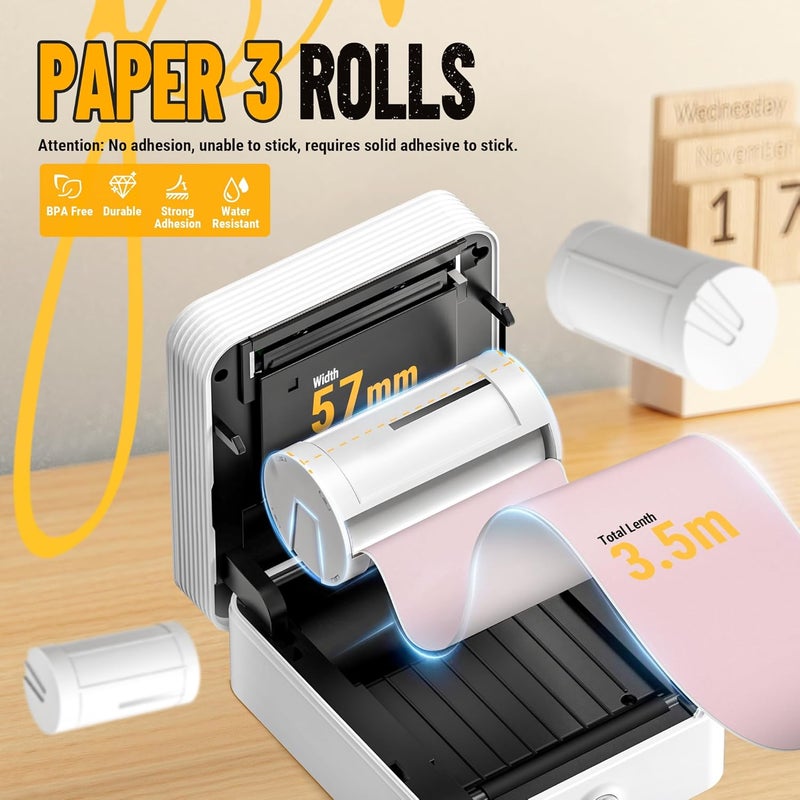 Nelko Genuine Self-Adhesive Thermal Printer Stickers, Compatible with PM230 Mini Sticker Printer, Black on White, 54mmx3.5m Mini Sticker Printer Paper, 3 Rolls, Yellow/Pink/Purple - Image 2